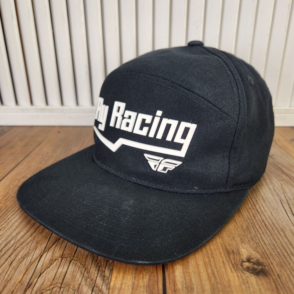 Fly Racing Snapback Hat Cap Black White Flat Bill Motocross Racing Dirt Bikes